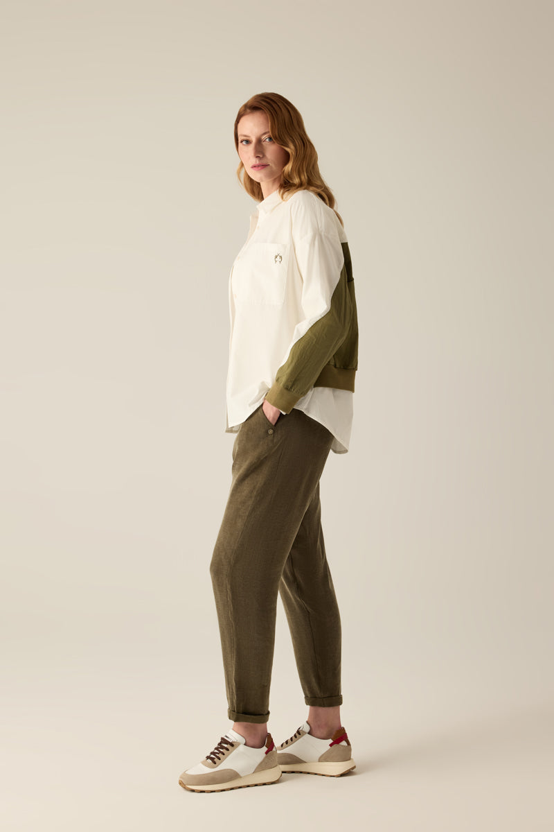 Damen Hemdbluse Zweifarbig – Creme & Khaki