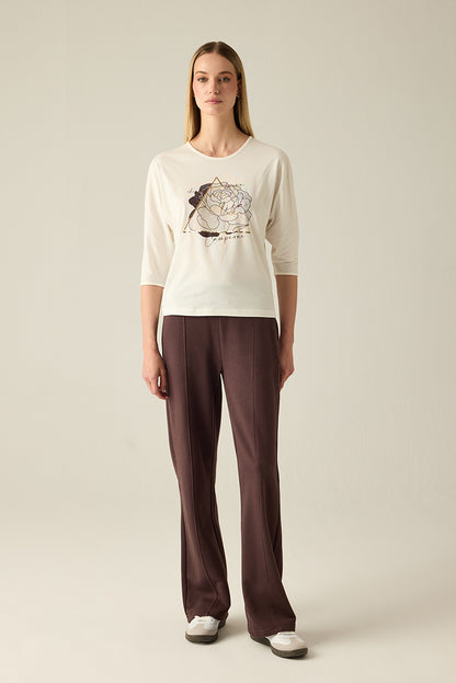 Damen T-Shirt Creme – Floraler Print & Gold Detail