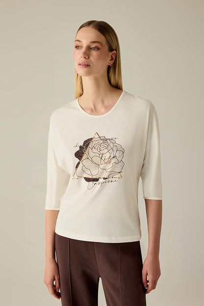 Damen T-Shirt Creme – Floraler Print & Gold Detail