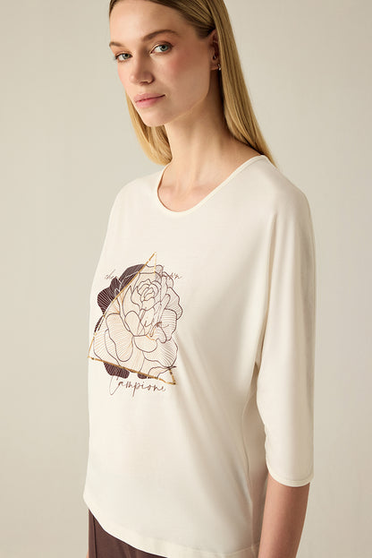 Damen T-Shirt Creme – Floraler Print & Gold Detail
