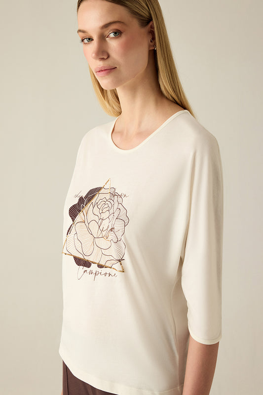 Damen T-Shirt Creme – Floraler Print & Gold Detail