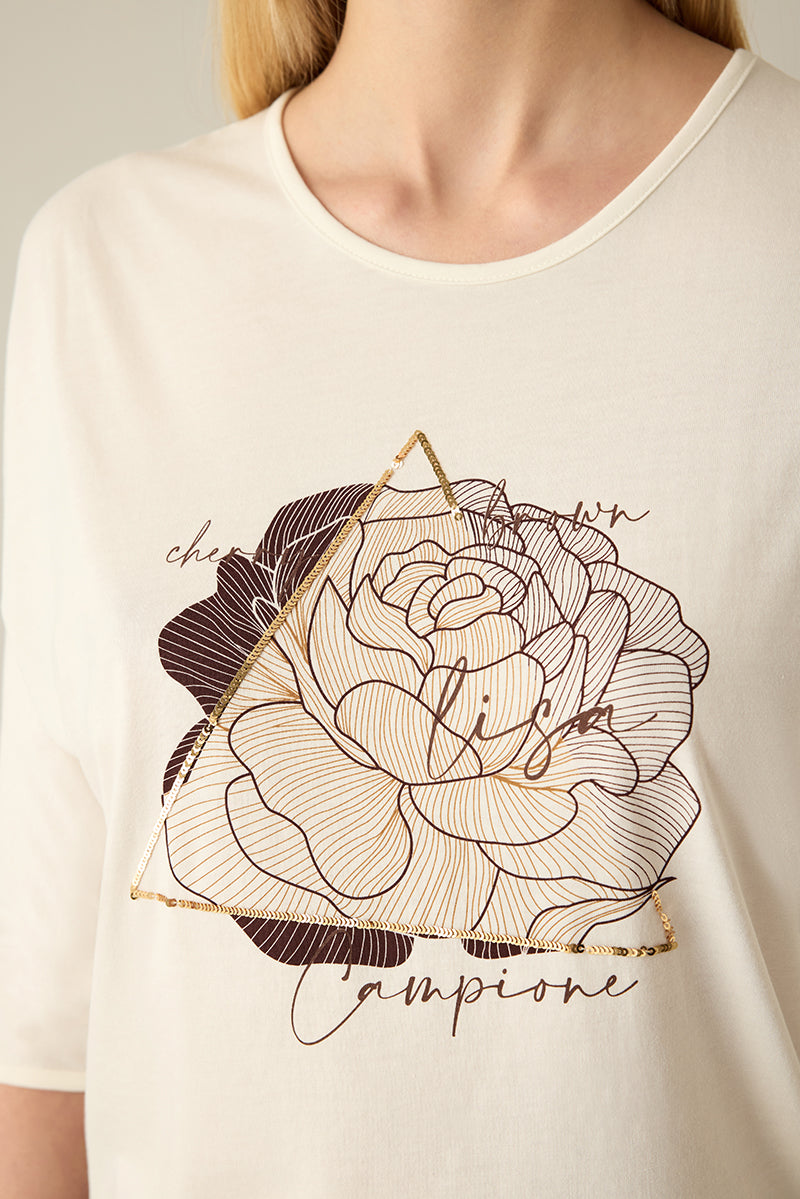 Damen T-Shirt Creme – Floraler Print & Gold Detail