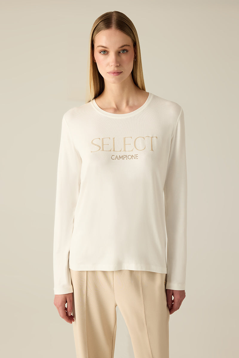 Cremefarbene Damenbluse mit Logo-Stickerei