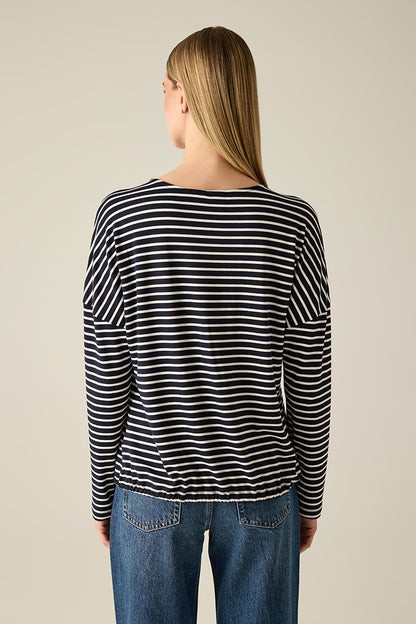 Navy striped shirt with embroidery.