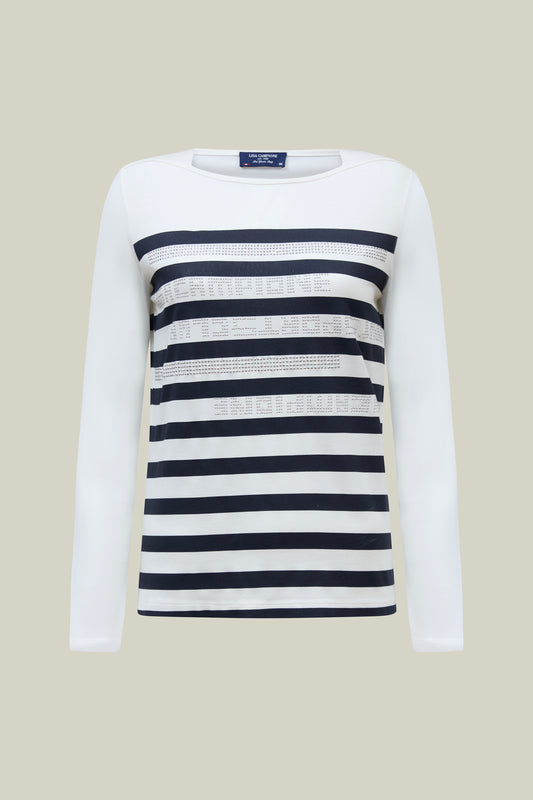 T-shirt with navy stripes and sequins.