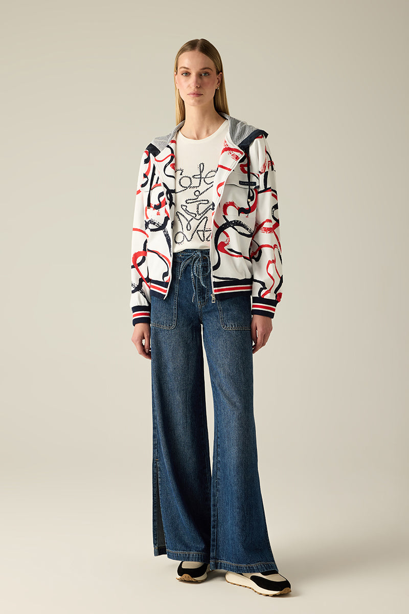 Damen-Kapuzenjacke aus Sweat mit Kontrastbündchen, File-Einsatz & maritimem Druck.