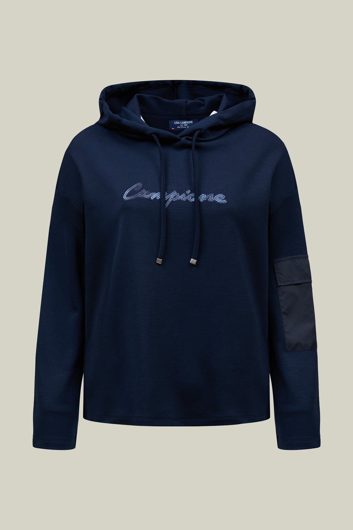 Navy interlock jersey long-sleeved hooded shirt.