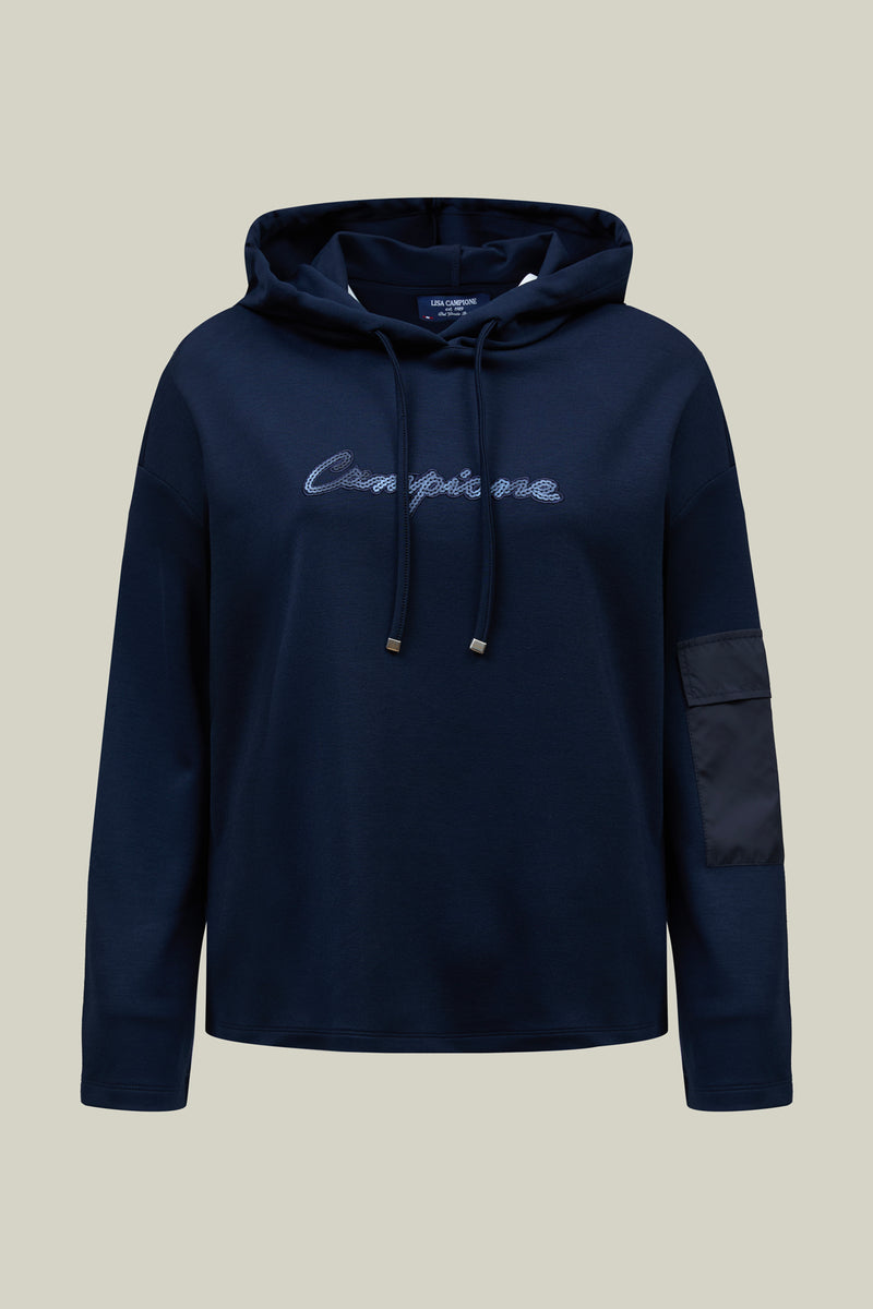 Lacivert interlok jarse uzun kollu kapüşonlu gömlek.