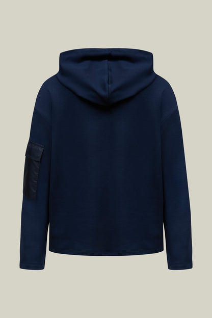 Navy interlock jersey long-sleeved hooded shirt.