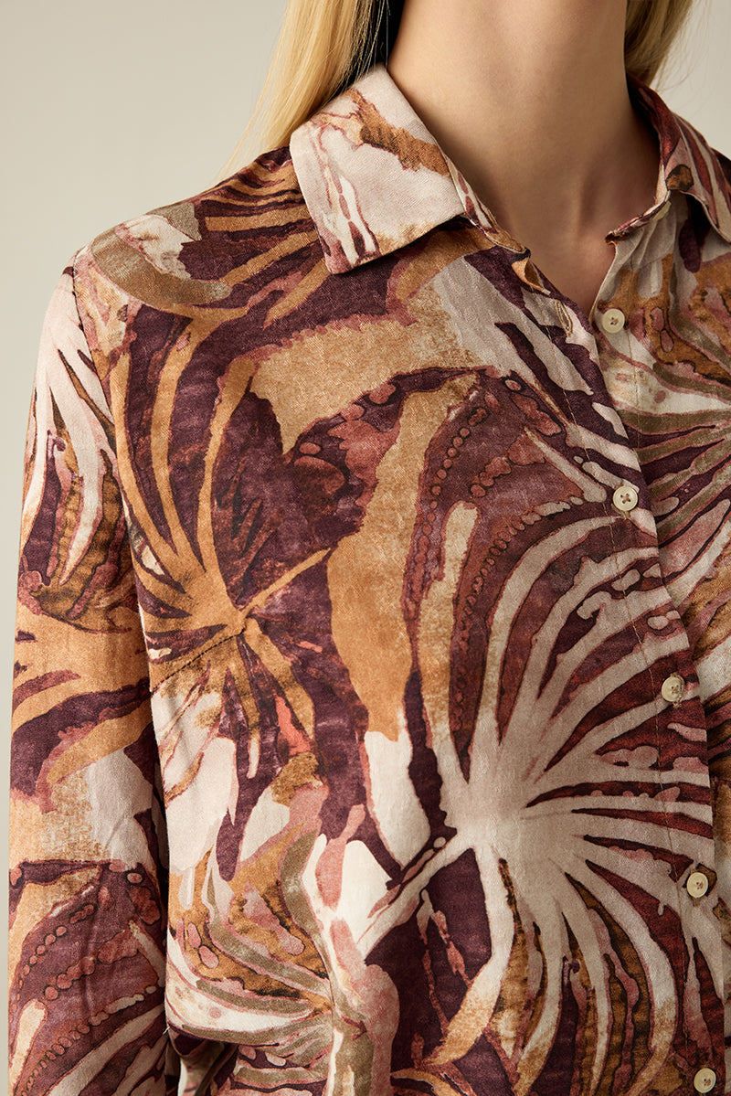 Damen Bluse mit Blattmuster – Brown