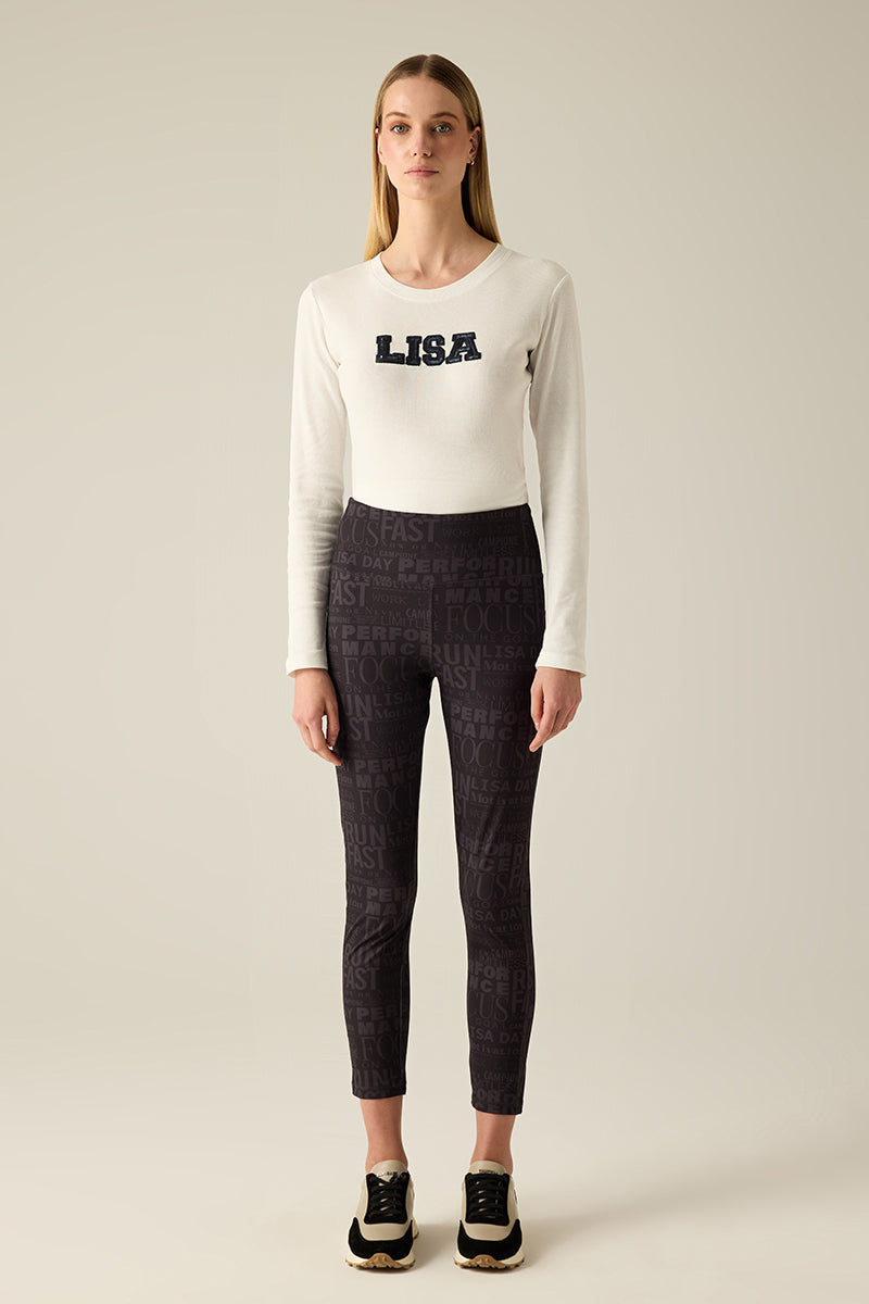 Legging with black-on-black print.
