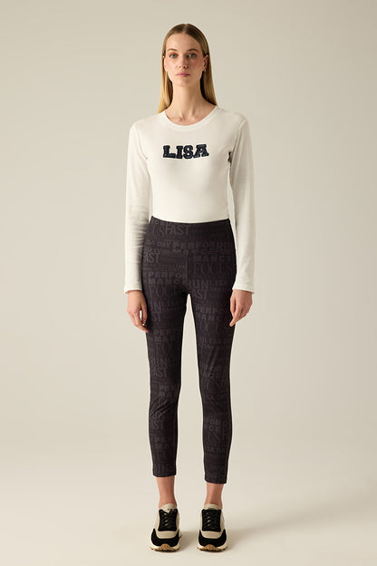 Legging with black-on-black print.