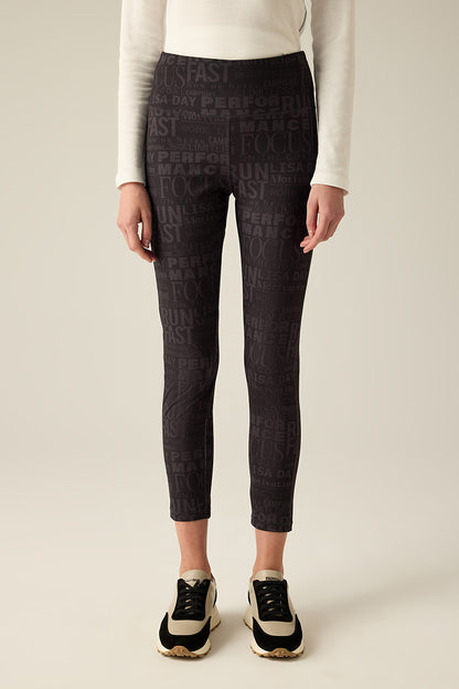 Legging with black-on-black print.