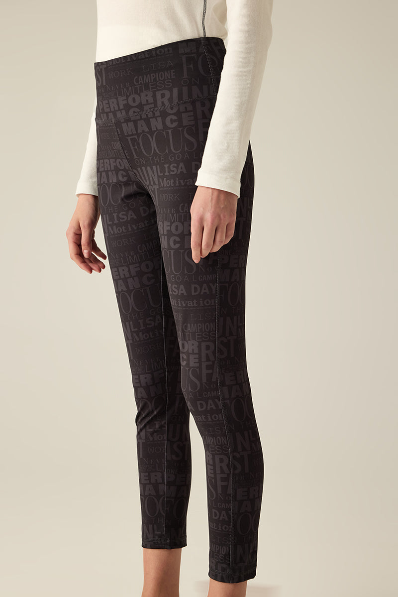 Legging with black-on-black print.