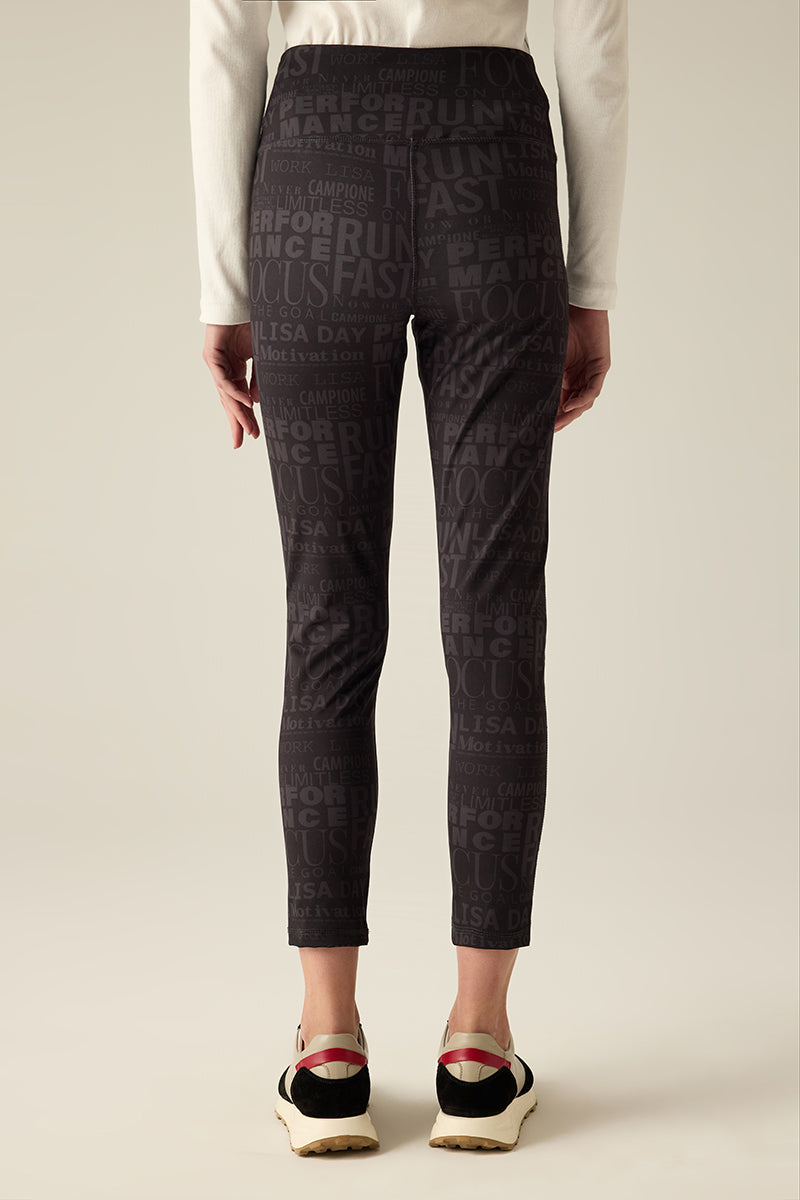 Legging with black-on-black print.