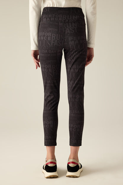 Legging with black-on-black print.