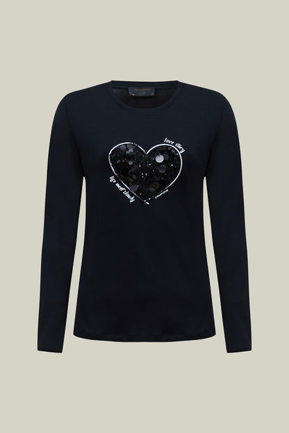 Women's long-sleeved shirt black with sequin heart