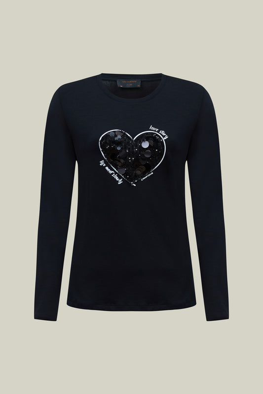 Damen Langarmshirt Black mit Pailletten-Herz