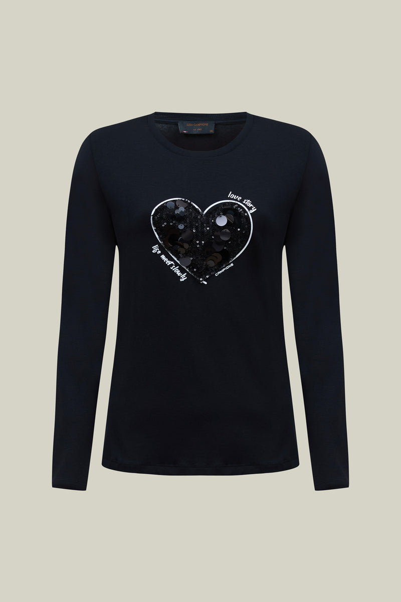 Damen Langarmshirt Black mit Pailletten-Herz