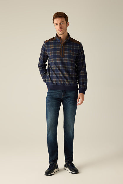 Herren Pullover Kariert – Halbzip mit Velours-Details