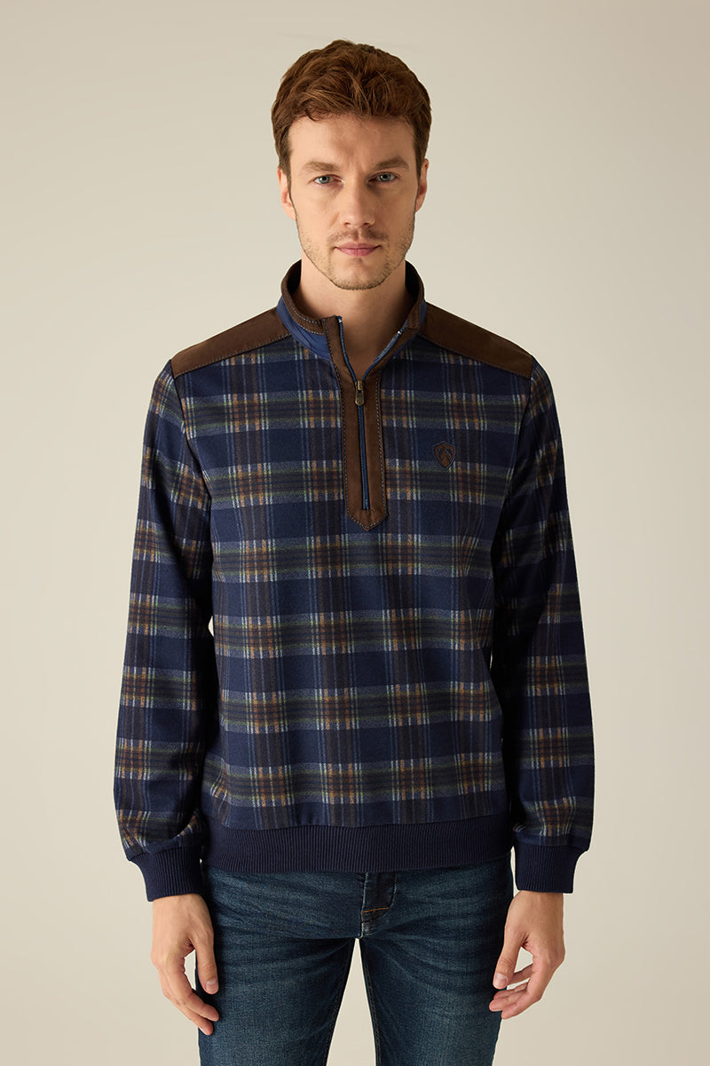 Herren Pullover Kariert – Halbzip mit Velours-Details