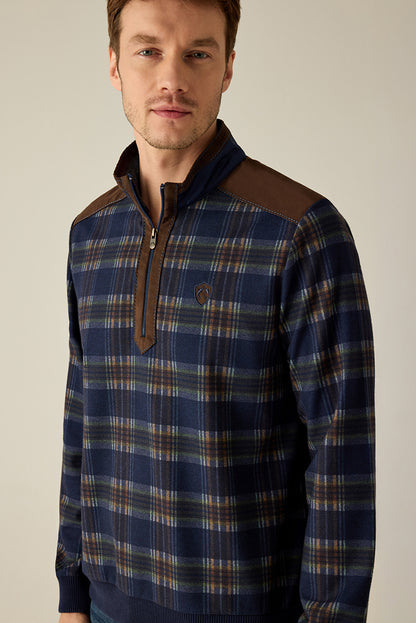 Herren Pullover Kariert – Halbzip mit Velours-Details