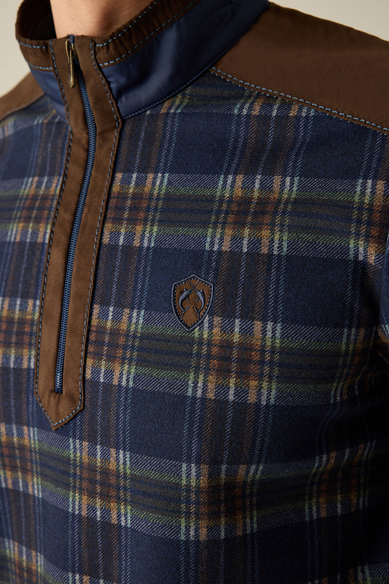 Herren Pullover Kariert – Halbzip mit Velours-Details