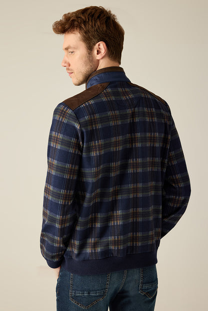 Herren Pullover Kariert – Halbzip mit Velours-Details