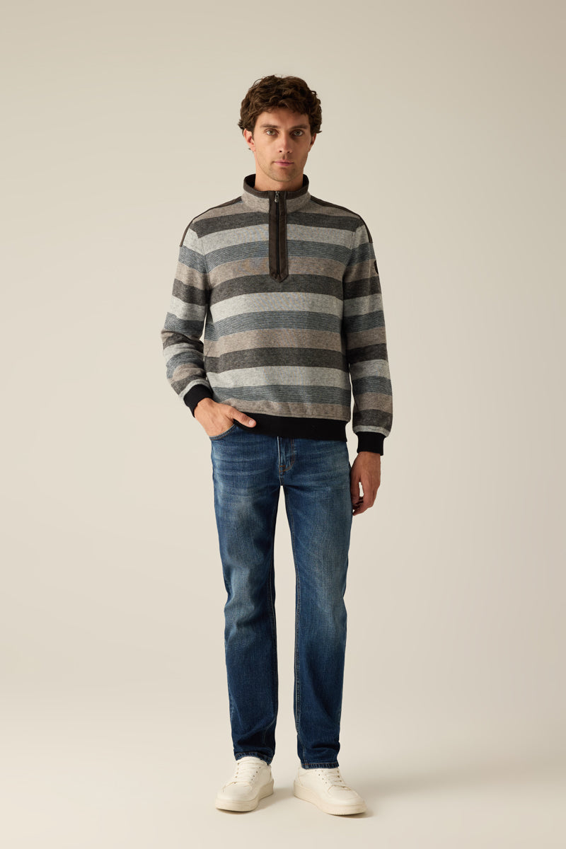 Herren Pullover Grey Gestreift – Halbzip mit Velours-Details