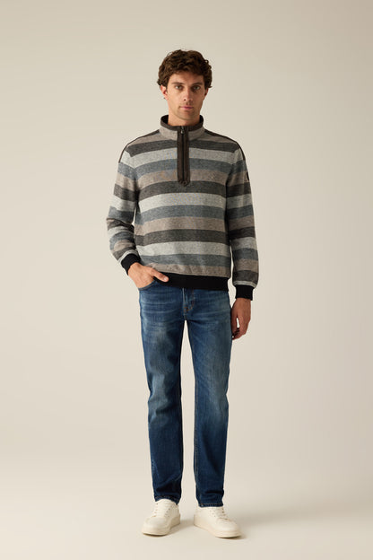 Herren Pullover Grey Gestreift – Halbzip mit Velours-Details
