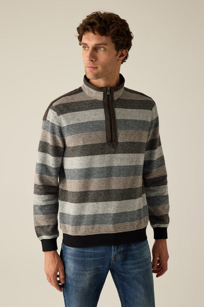 Herren Pullover Grey Gestreift – Halbzip mit Velours-Details