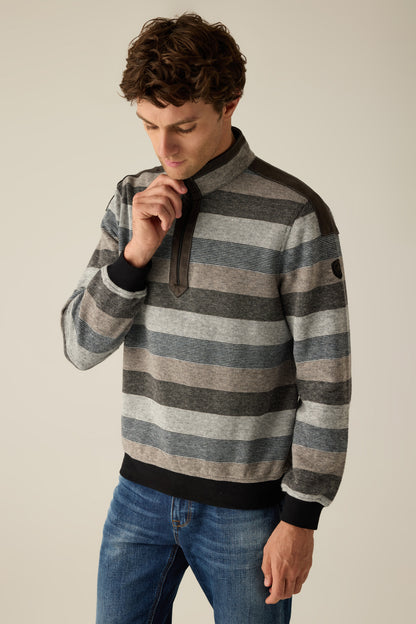 Herren Pullover Grey Gestreift – Halbzip mit Velours-Details