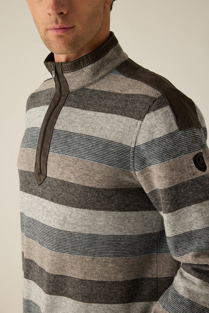 Herren Pullover Grey Gestreift – Halbzip mit Velours-Details
