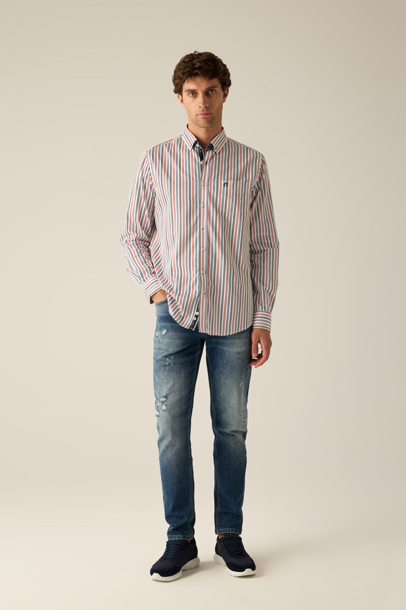 Herren Freizeithemd Modern Fit – White mit Red-Blue-Streifen