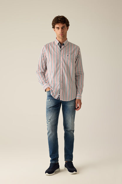 Herren Freizeithemd Modern Fit – White mit Red-Blue-Streifen
