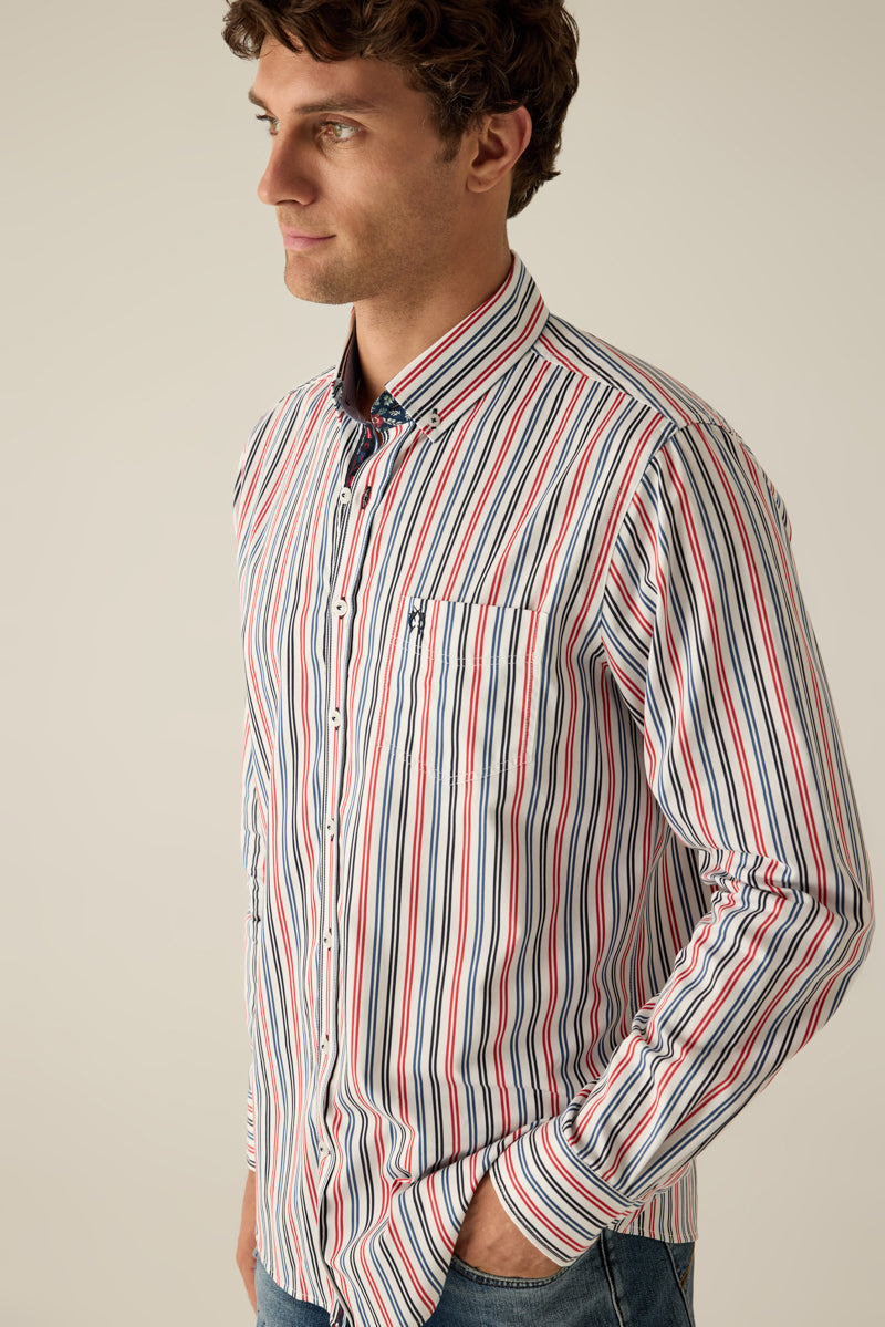 Herren Freizeithemd Modern Fit – White mit Red-Blue-Streifen