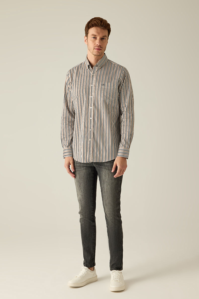 Men's Shirt Modern Fit – Striped Brown Beige Blue 100% Cotton