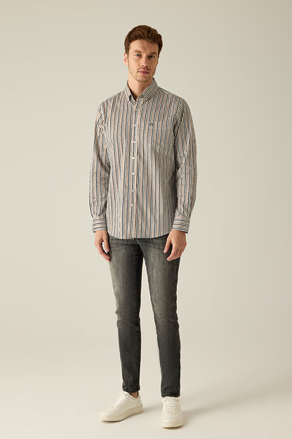 Men's Shirt Modern Fit – Striped Brown Beige Blue 100% Cotton