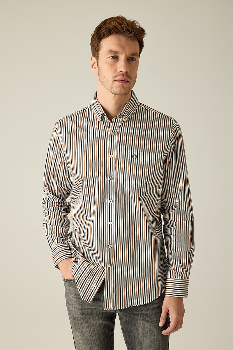 Men's Shirt Modern Fit – Striped Brown Beige Blue 100% Cotton