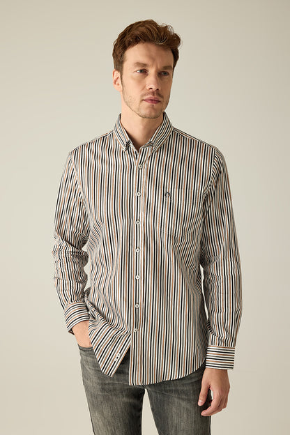 Men's Shirt Modern Fit – Striped Brown Beige Blue 100% Cotton