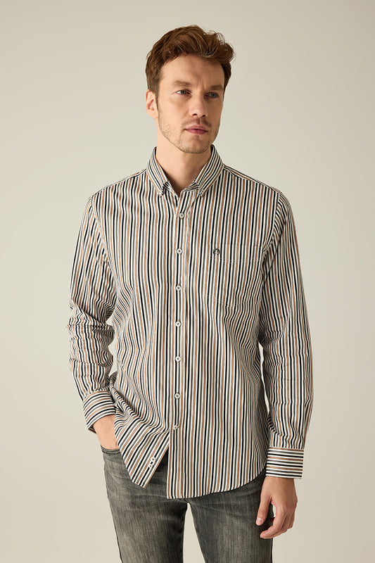 Herren Hemd Modern Fit – Gestreift Brown Beige Blue 100% Baumwolle