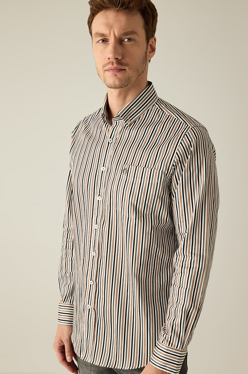 Men's Shirt Modern Fit – Striped Brown Beige Blue 100% Cotton