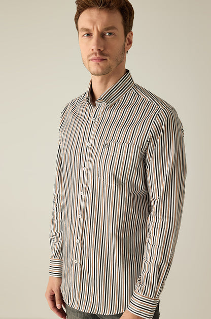 Men's Shirt Modern Fit – Striped Brown Beige Blue 100% Cotton