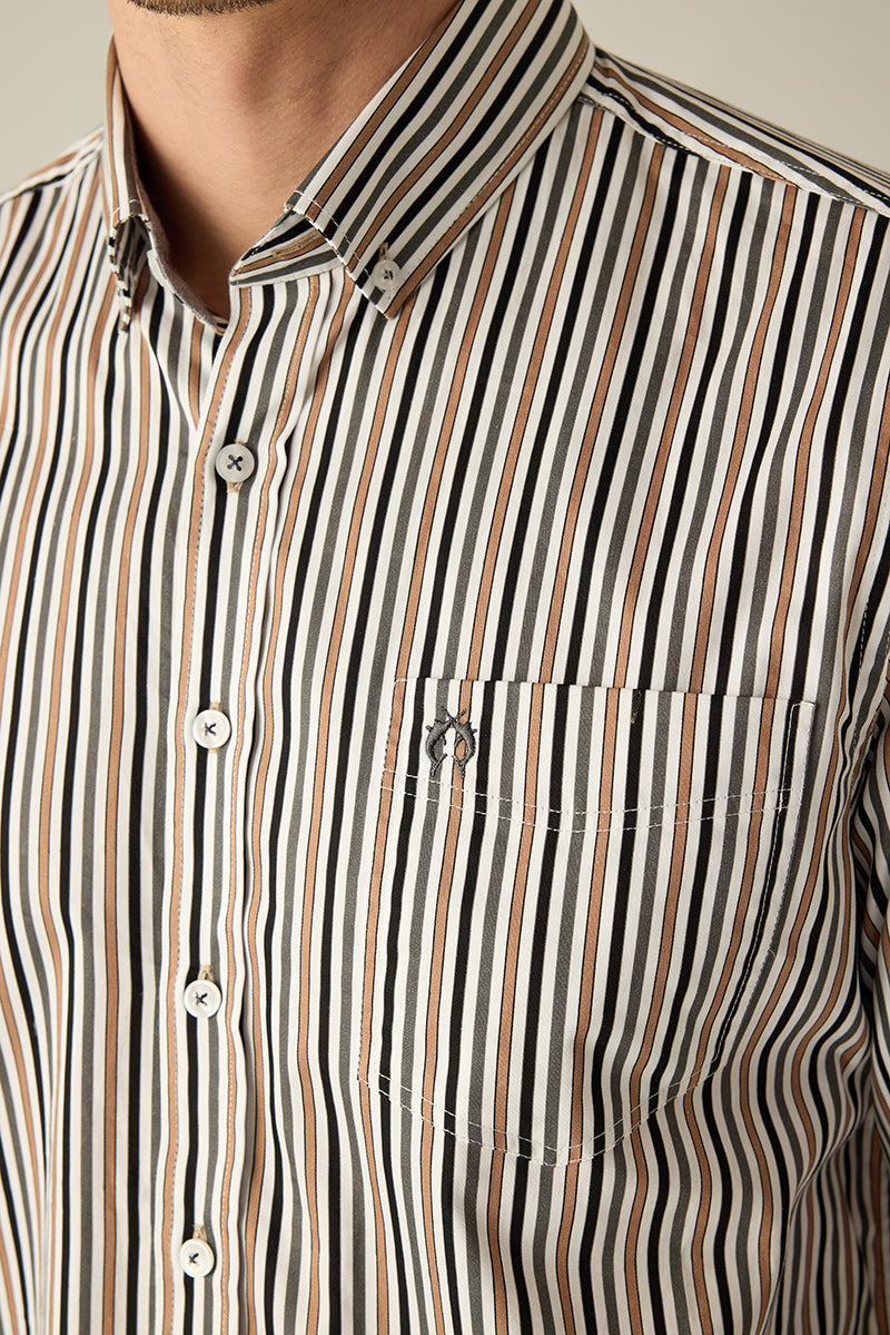 Men's Shirt Modern Fit – Striped Brown Beige Blue 100% Cotton