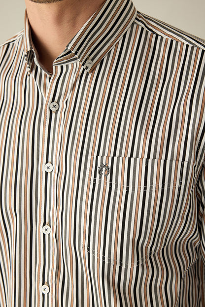 Men's Shirt Modern Fit – Striped Brown Beige Blue 100% Cotton