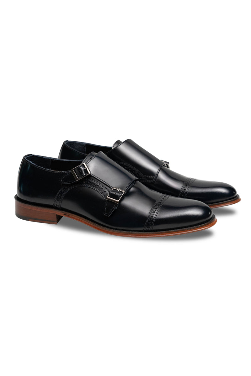 3755601_93000 Premium CC Doppelmonk aus Glattleder mit Doppel-Schnalle, in Braun, Navy und Schwarz.