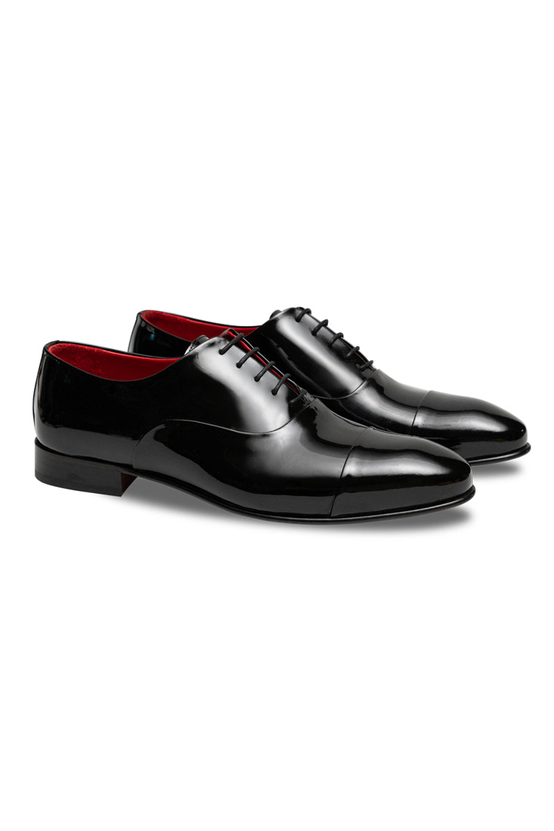 3755602_93000 Elegante Lack-Oxford aus Leder, 75% handgefertigt, in Schwarz-Rot oder Dark Green.