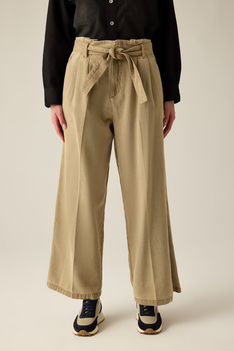 Damen Hose mit Gürtel – Weit geschnitten, Beige