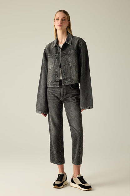 Women's denim jacket with rhinestone details – Black