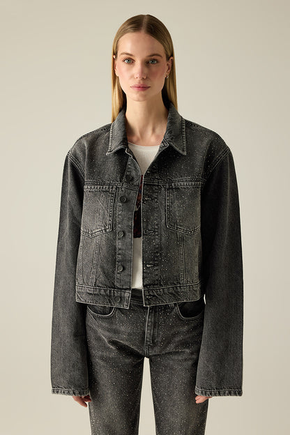 Women's denim jacket with rhinestone details – Black